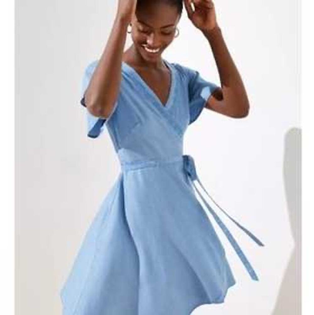 LOFT Chambray Wrap Dress Short Sleeves V Neck Tie Waist Mini